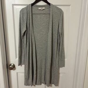 LOFT Open Front Long Gray Cardigan Sweater SZ LG Ribbed Knit Cabincore